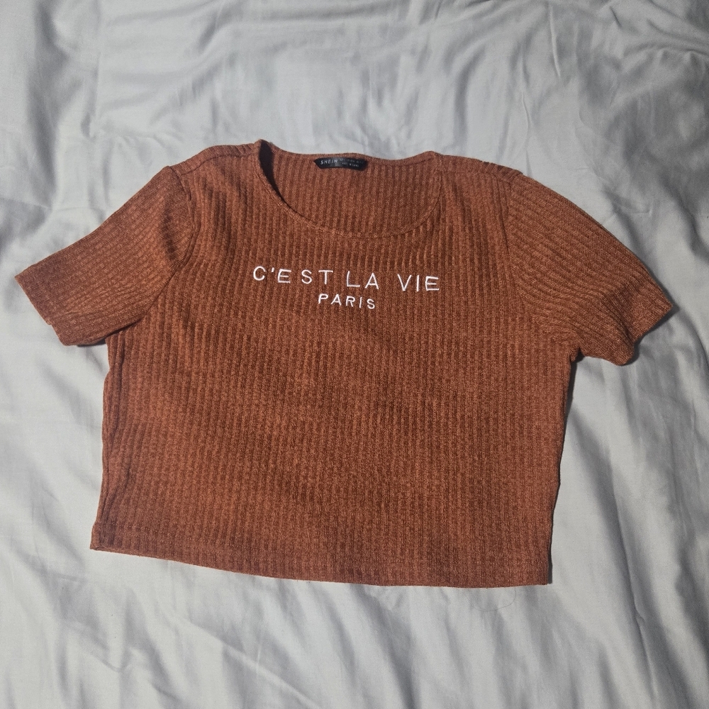 NWOT SHEIN Short Sleeve Brown Crop Top Tee Summer Vacation Casual Wear